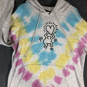Keith Haring Hoodie Women's XXL Gray Tie Dye Heart Art New York Pullover Sweater
